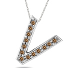 0.26 Cts Brown Diamond V Initial Pendant in 14K White Gold