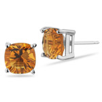2.92 Cts of 7 mm AA Cushion Concave Citrine Stud Earrings in 14K White Gold