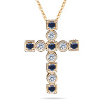 Sapphire Cross - Blue & White Sapphire Cross Pendant in 14K Gold