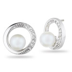 1/10 Cts Diamond & 6 mm Cultured Pearl Circle Earrings in 14K White Gold