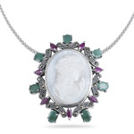 3.85 Cts Emerald Ruby Marcasite Camio Pendant in Silver