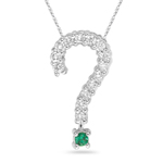 1/5 Cts Diamond & Natural Emerald Question Pendant in 14K White Gold