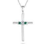 0.10 Cts Diamond & 0.12 Cts Natural Emerald Cross Pendant in 14K White Gold