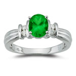 1/10 Cts Diamond & Natural Emerald Ring in 14K White Gold