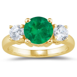 0.15 -0.20 Cts Diamond & 0.20-0.30 Cts of 4 mm AA Round Natural Emerald Three Stone Ring in 18K Yellow Gold