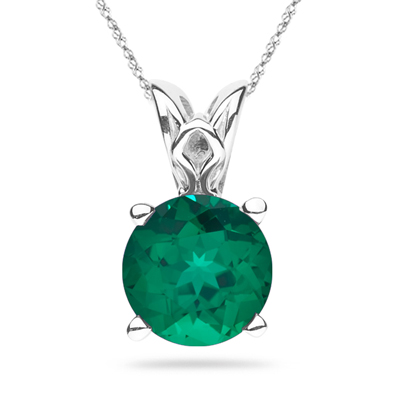 Jewels By Lux 10K White Gold Womens Round Lab Created Emerald Solitaire Pendant 1 1/3 Cttw 