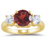 0.20 Cts Diamond & 0.57 Cts Garnet Three Stone Ring in 14K Yellow Gold