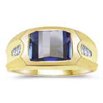 0.07 Cts Diamond & Synthetic Sapphire Men's Ring in 14K Yellow Gold