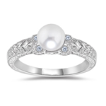 0.04 Cts Diamond & 6 mm AA Round White Cultured Pearl Antique Ring in 14KW Gold