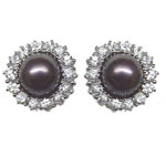 2.10 Ct White Sapphire & Pearl Cluster Earrings in 14K White Gold. 