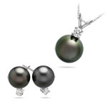 9.0 mm-9.5 mm Tahitian Pearl Diamond Accented Jewelry Set in 18KW Gold