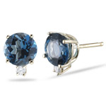 0.06 Ct Diamond & 3.10 Ct 7mm Round London Blue Topaz Studs- 14KY Gold