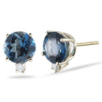 0.06 Ct Diamond & 3.10 Ct 7mm Round London Blue Topaz Studs- 14KY Gold