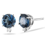 0.06 Ct Diamond & 3.10 Ct 7mm Round London Blue Topaz Studs- 14KW Gold