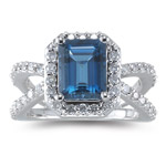 0.70 Ct Diamond & 2.55-3.46 Cts 9x7mm AAA Emerald London Blue Topaz Ring in 14KW Gold