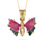 Pink & Green Tourmaline Butterfly Pendant in 18K Yellow Gold