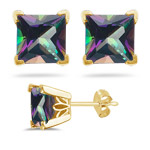 2.96 Ct 6 mm AA Princess Mystic Green Topaz Scroll Studs in 14KY Gold