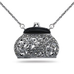 Onyx Marcasite Purse Pendant in Silver