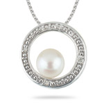 0.02 Cts Diamond & 6 mm Cultured Pearl Circle Pendant in 14K White Gold
