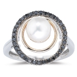 0.33 Cts Black Diamond & Akoya Pearl Ring in 14K Two Tone Gold