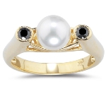 0.21 Cts Black Diamond & 7 mm Cultured Pearl Ring in 14K Yellow Gold