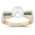 0.16 Cts Black Diamond & 7 mm Cultured Pearl Ring in 14K Yellow Gold