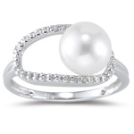 0.18 Cts Diamond & 8 mm Cultured Pearl Ring in 14K White Gold