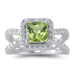 3/4 Cts Diamond & 1.56 Ct 7 mm AAA Princess Peridot Ring in 14KW Gold