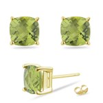 3.18 Cts 7 mm AA Cush Check Peridot Stud Earrings in 14K Yellow Gold