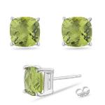 3.18 Cts of 7 mm AA Cushion Checker Board Peridot Stud Earrings in 14K White Gold