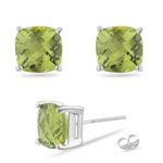 3.18 Cts of 7 mm AA Cushion Checker Board Peridot Stud Earrings in 14K White Gold