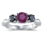 0.65 Cts Black Diamond & 1.01 Cts AA Natural Ruby Ring in 18K White Gold