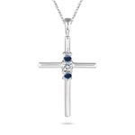 0.12 Ct Diamond & Blue Sapphire Three-stone Cross Pendant in 14KW Gold