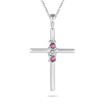 0.12 Ct Diamond & Pink Sapphire Three-stone Cross Pendant in 14KW Gold