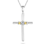 0.12 Ct Diamond & Yellow Sapphire Three-stone Cross Pendant-14KW Gold