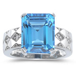 0.08 Cts Diamond & 7.72 Cts AAA Swiss Blue Topaz Ring in 14K White Gold