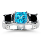 1.72 Ct Black Diamond & 1.51 Ct Swiss Blue Topaz Ring - 14K White Gold