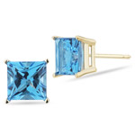 Swiss Blue Topaz (7mm Princess) Stud Earrings in 14K Yellow Gold 