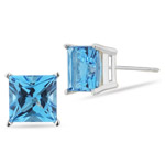 Swiss Blue Topaz (7mm Princess) Stud Earrings in 14K White Gold 