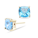2.71 Cts of 7 mm AA Cushion Checkered Swiss Blue Topaz Stud Earrings in 14K Yellow Gold 