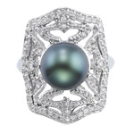 2/5 Cts Diamond & 9.5 mm Tahitian Black Cultured Pearl Ring in 14K White Gold