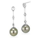 0.14 Cts Diamond & Tahitian Pearl Dangle Earrings in 18K White Gold