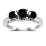 1.75 Cts AA Round Black Diamond Three Stone Ring in 14K White Gold