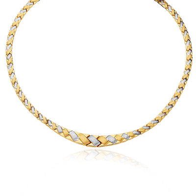 Womens Fancy Graduated Braided Necklace in 14K Two Tone Gold