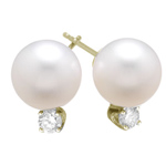 0.15 Cts Diamond & 6-6.5 mm White Freshwater Cultured Pearl (AA) Earrings in 14K Yellow Gold