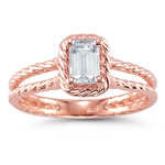 0.74 Cts of 6x4 mm AA  Emerald White Sapphire Solitaire Ring in 14K Pink Gold
