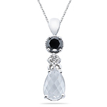 0.86 Ct Black & White Diamond, 6.38 Ct White Topaz Drop Pendant-14KW