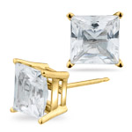 White Topaz (7mm Princess) Stud Earrings in 14K Yellow Gold 
