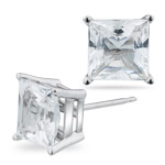 White Topaz (7mm Princess) Stud Earrings in 14K White Gold 