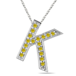 1/4 Cts Yellow Diamond K Initial Pendant in 14K White Gold